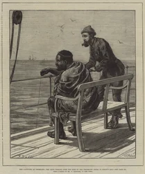 La captivité de Cetewayo, le roi pêchant sur le côté du transport Natal dans la baie de Simon